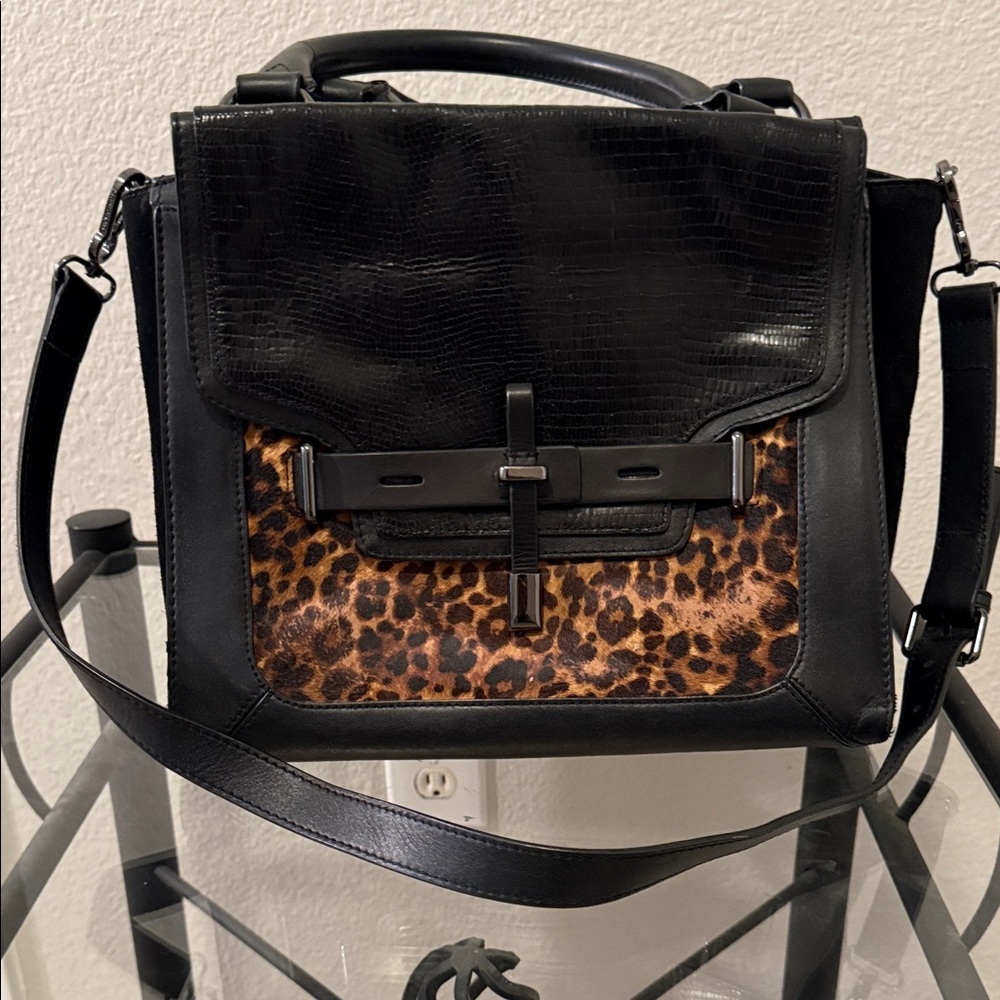 Vince Camuto Elegant Leather and Suede Black and Leopard calf hair Satchel
